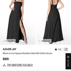 Azazie Black Maxi Dress with Square Neckline and Sleeveless Design